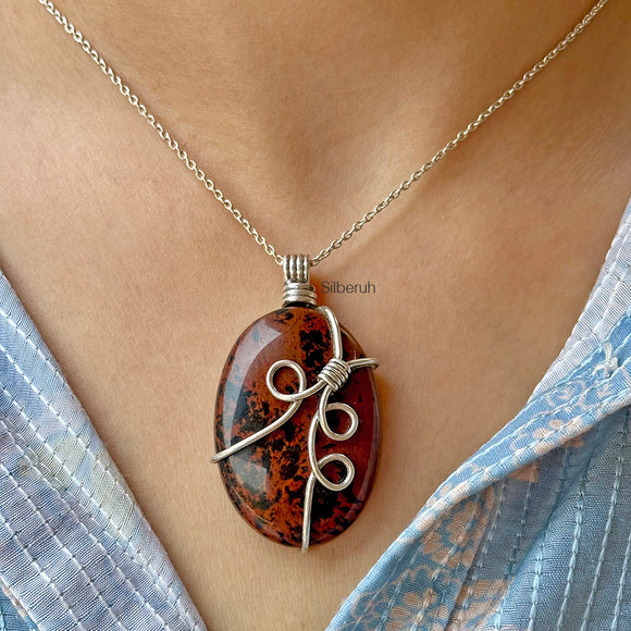 Mahogany Obsidian Oval Silver Pendant
