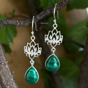 Malachite Lotus Silver Earring