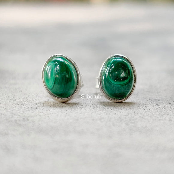 Malachite Silver Oval Stud