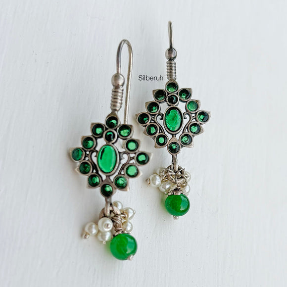 Moissanite Green Onyx & Pearl Silver Earring