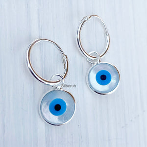 Mother of Pearl Evil Eye Hoop Silver Earring