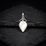Handcrafted Mother of Pearl Triquetra Knot pendant in sterling silver