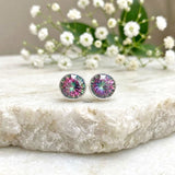 Handcrafted Mystic Topaz round stud earrings in 925 sterling silver