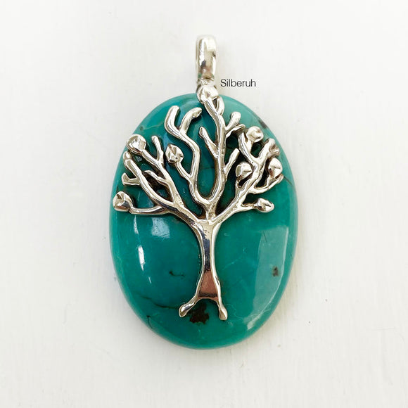 Natural Turquoise Tree of Life Silver Pendant