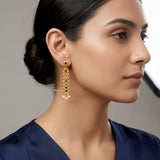 Gold-polished sterling silver Navratna earrings with pearl drops