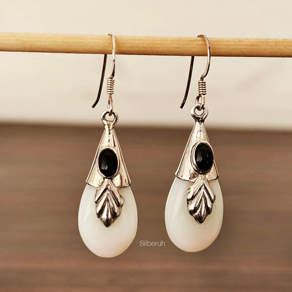 Opalite & Black Onyx Leaf Silver Earring