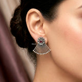 Natural garnet silver earrings with detailed feather design