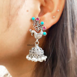 Peacock Pearl Silver Jhumka