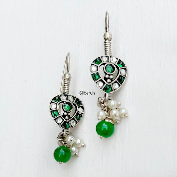 Pearl Moissanite Green Onyx Silver Earring