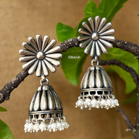 Pearl Phool Silver Jhumka