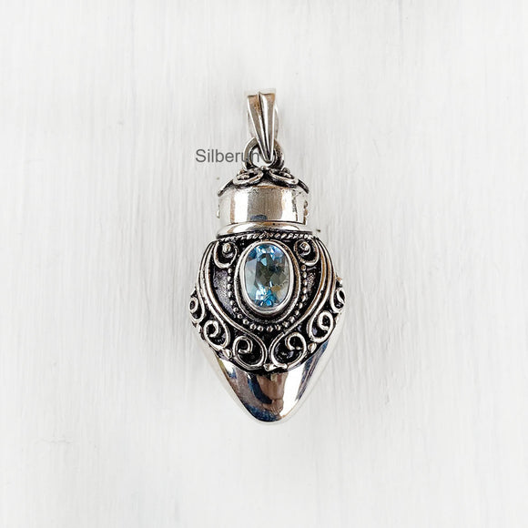 Perfume Bottle Blue Topaz Silver Pendant