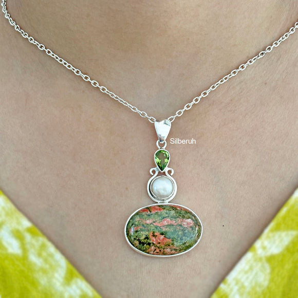 Peridot Pearl & Unakite Silver Pendant