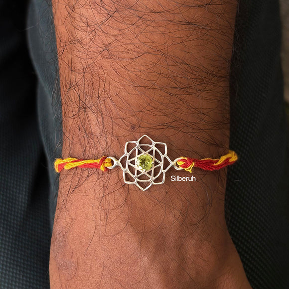 925 silver Peridot Rakhi for Sahasrara chakra – healing gemstone Rakhi