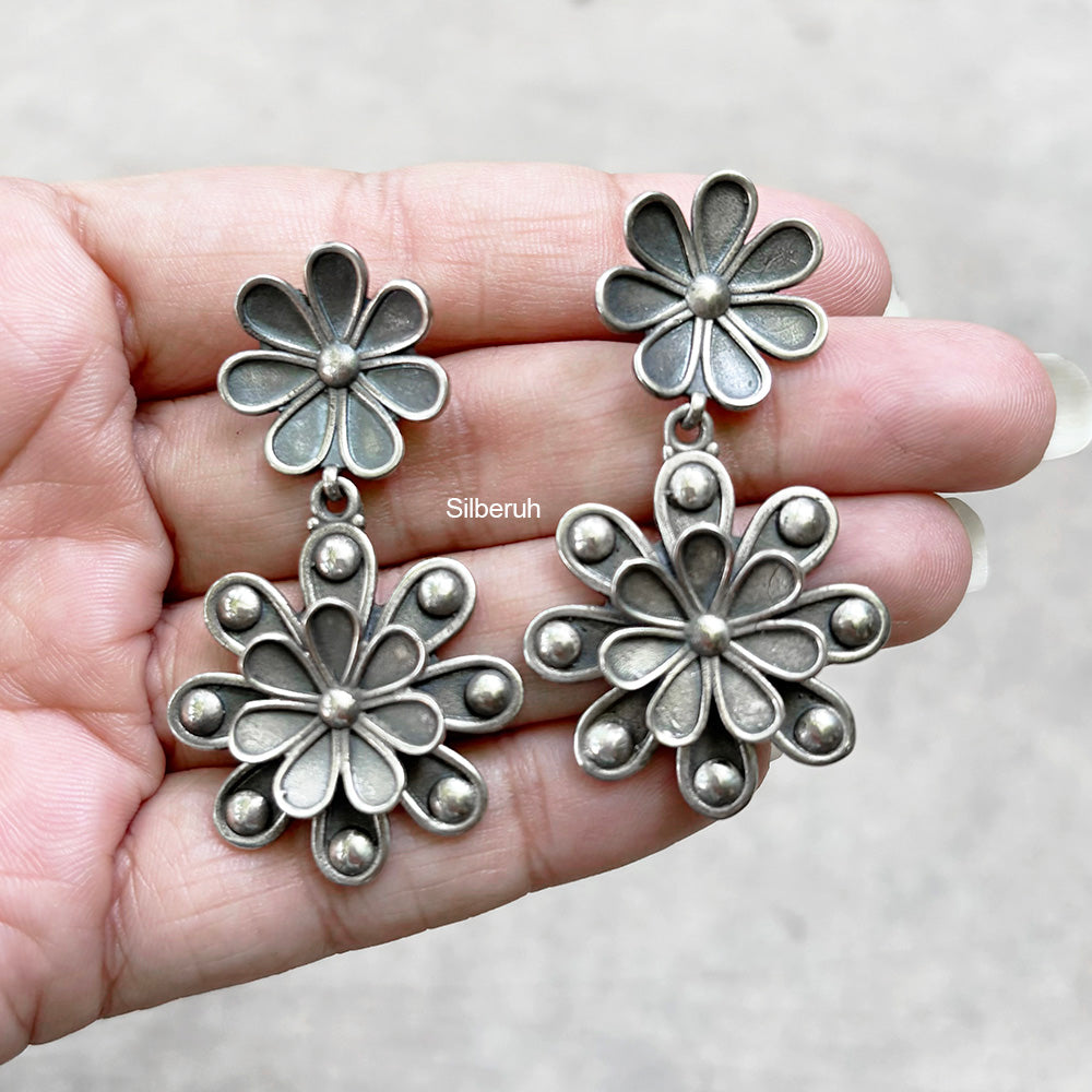 Phool Oxidised Silver Earring