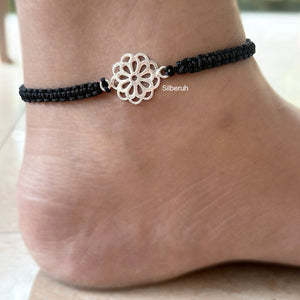 Phool Nazarbattu 925 Silver Anklet with black thread