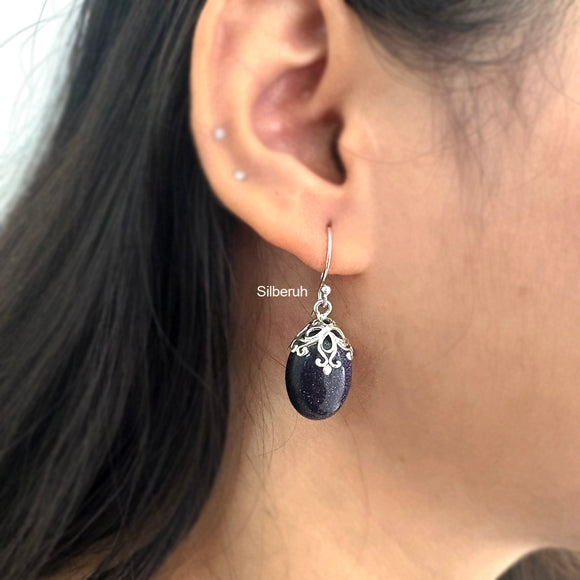 Sparkling Blue Sunstone Filigree Earrings in Solid 925 Silver – Gift for Women