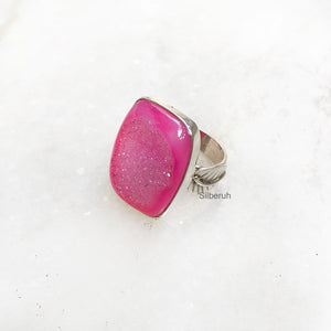 Pink Druzy Leaf Silver Ring