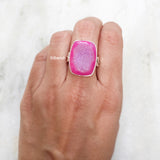 Pink Druzy Leaf Silver Ring
