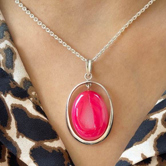 Pink Druzy Silver Pendant