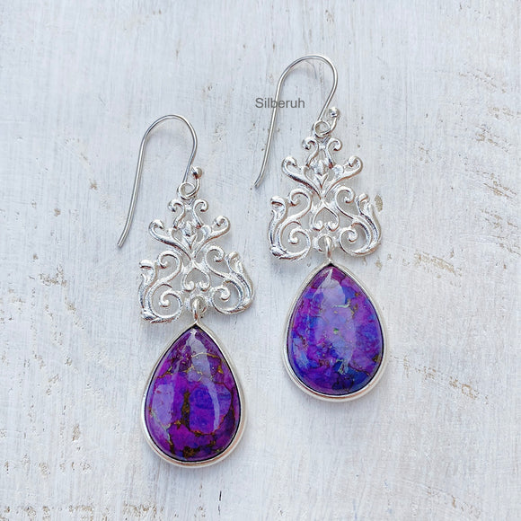 Purple Copper Turquoise Silver Drop Earring