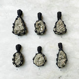 Natural Raw Pyrite Pendant in Handwoven Black Macramé