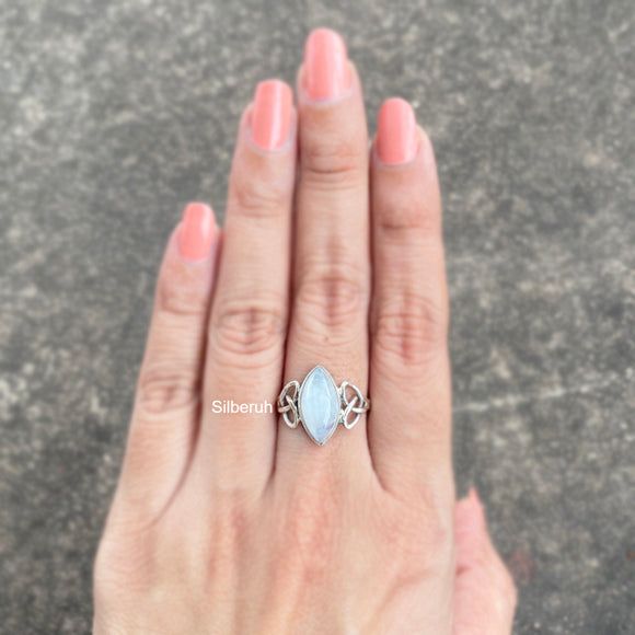 Rainbow Moonstone Celtic Knot Silver Ring