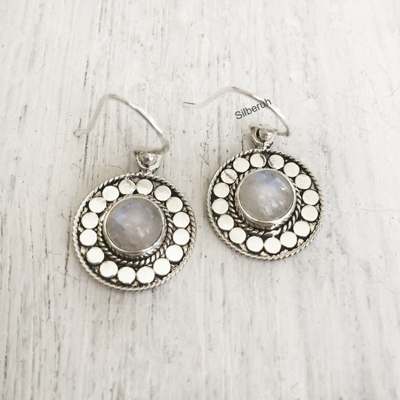 Rainbow Moonstone Disc Silver Earring