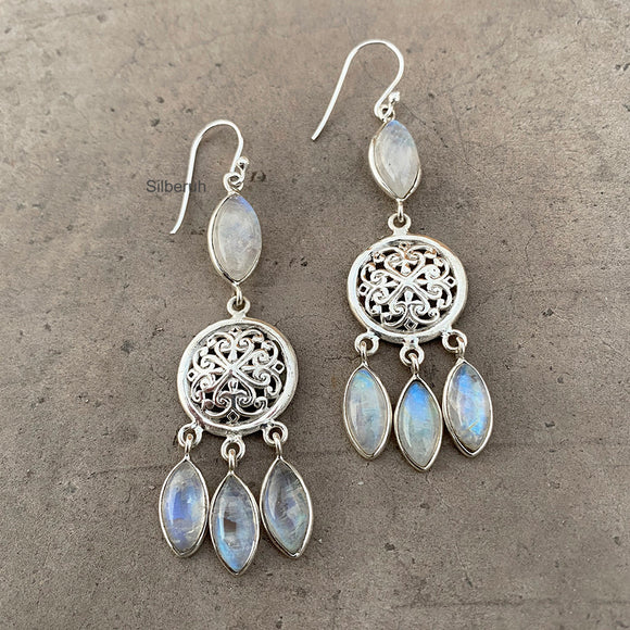 Rainbow Moonstone Dreamcatcher Silver Earring