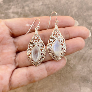 Rainbow Moonstone Facetted Jali Silver Earring