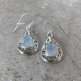 Rainbow Moonstone Jali Silver Earring