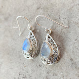 Rainbow Moonstone Jali Silver Earring