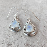 Rainbow Moonstone Jali Silver Earring