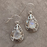 Rainbow Moonstone Jali Silver Earring