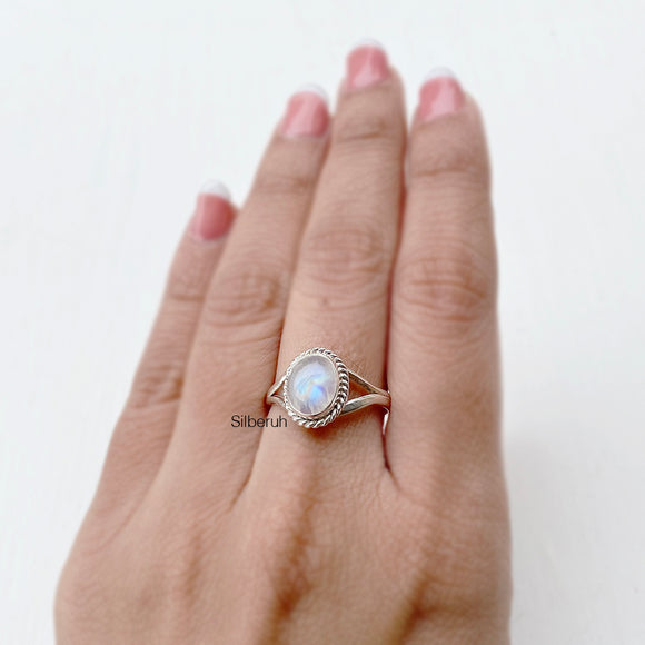 Rainbow Moonstone Knotted Silver Ring