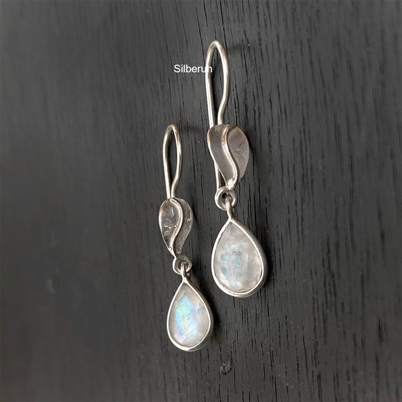 Rainbow Moonstone Leaf Silver Earring