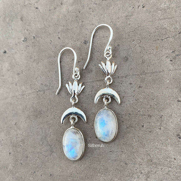 Rainbow Moonstone Lotus Silver Earring