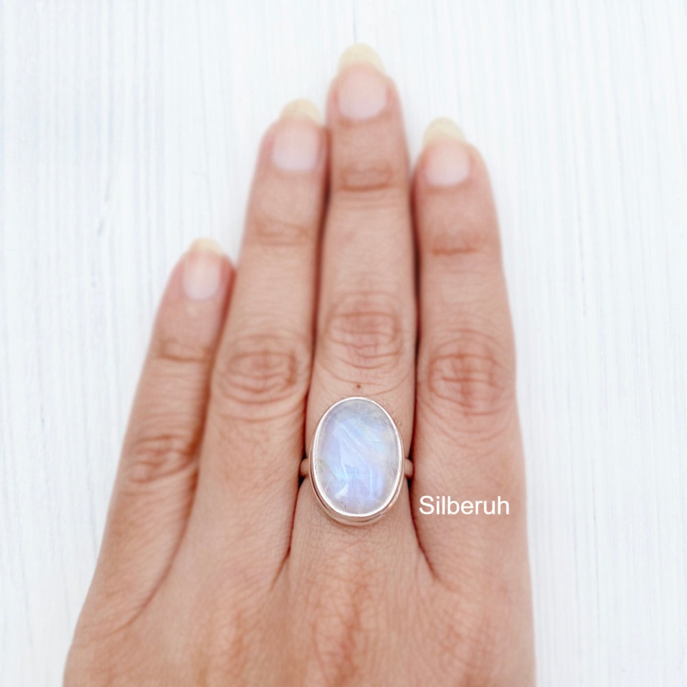 Rainbow Moonstone Oval Silver Ring