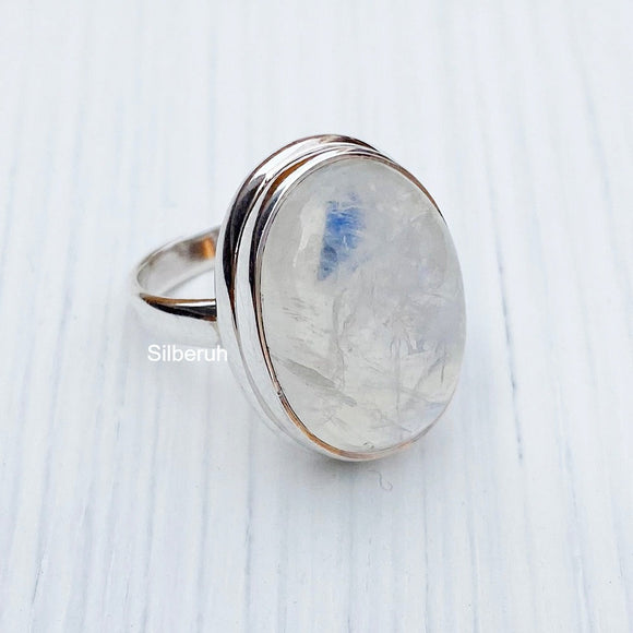 Rainbow Moonstone Oval Silver Ring