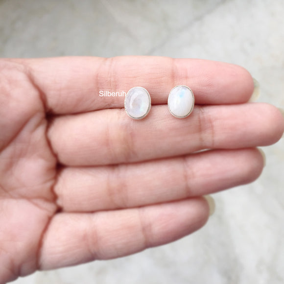 Rainbow Moonstone Oval Silver Stud