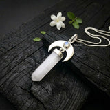 Crescent moon silver pendant with natural Rainbow Moonstone crystal point