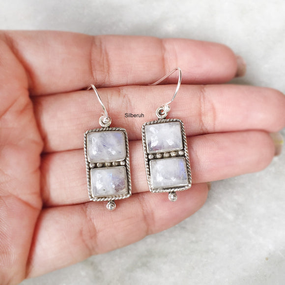 Rainbow Moonstone Rectangular Silver Earring