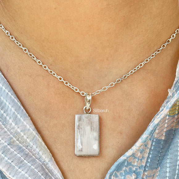 Rainbow Moonstone Rectangular Silver Pendant