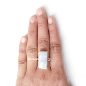 Rainbow Moonstone Rectangular Silver Ring