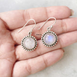 Rainbow Moonstone Round Silver Earring