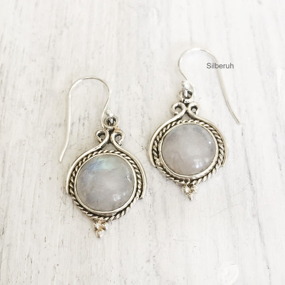 Rainbow Moonstone Silver Drop Earring