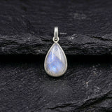 Handcrafted Rainbow Moonstone tear drop pendant in 925 sterling silver