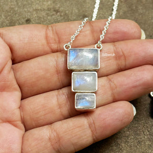 Rainbow Moonstone Silver Step Necklace