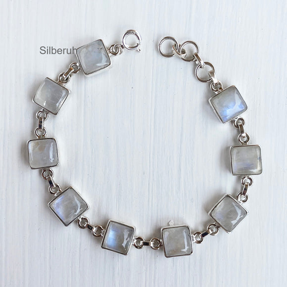 Rainbow Moonstone Square Silver Bracelet