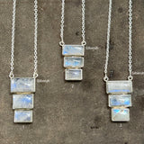 Rainbow Moonstone Step Silver Necklace
