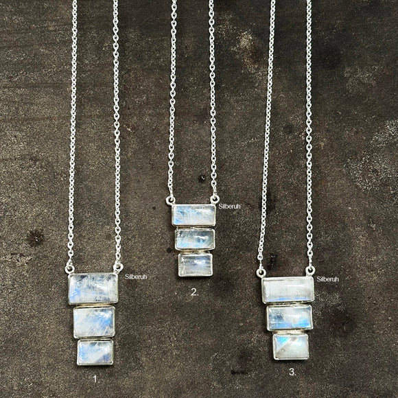 Rainbow Moonstone Step Silver Necklace